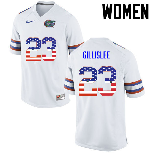 Women Florida Gators #23 Mike Gillislee College Football USA Flag Fashion Jerseys-White - Click Image to Close